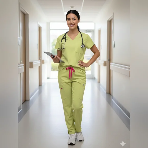 NWT FIGS Moss Green Scrub Set • Catarina Top • Petite High Waisted Yola Pants • - Picture 3 of 16